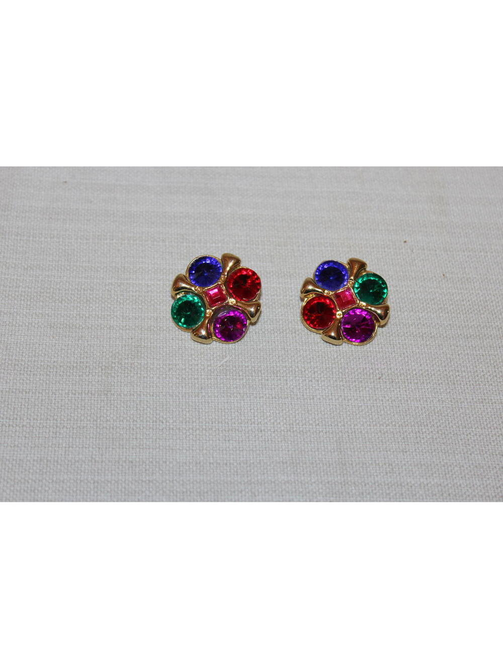 Vintage Multi-Color Rhinestone Gold Tone Clip-On Earrings